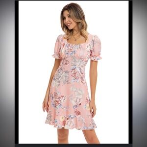 Grace Karin Pink Floral Square Neck Short Puff Sleeve Dress Size Medium
